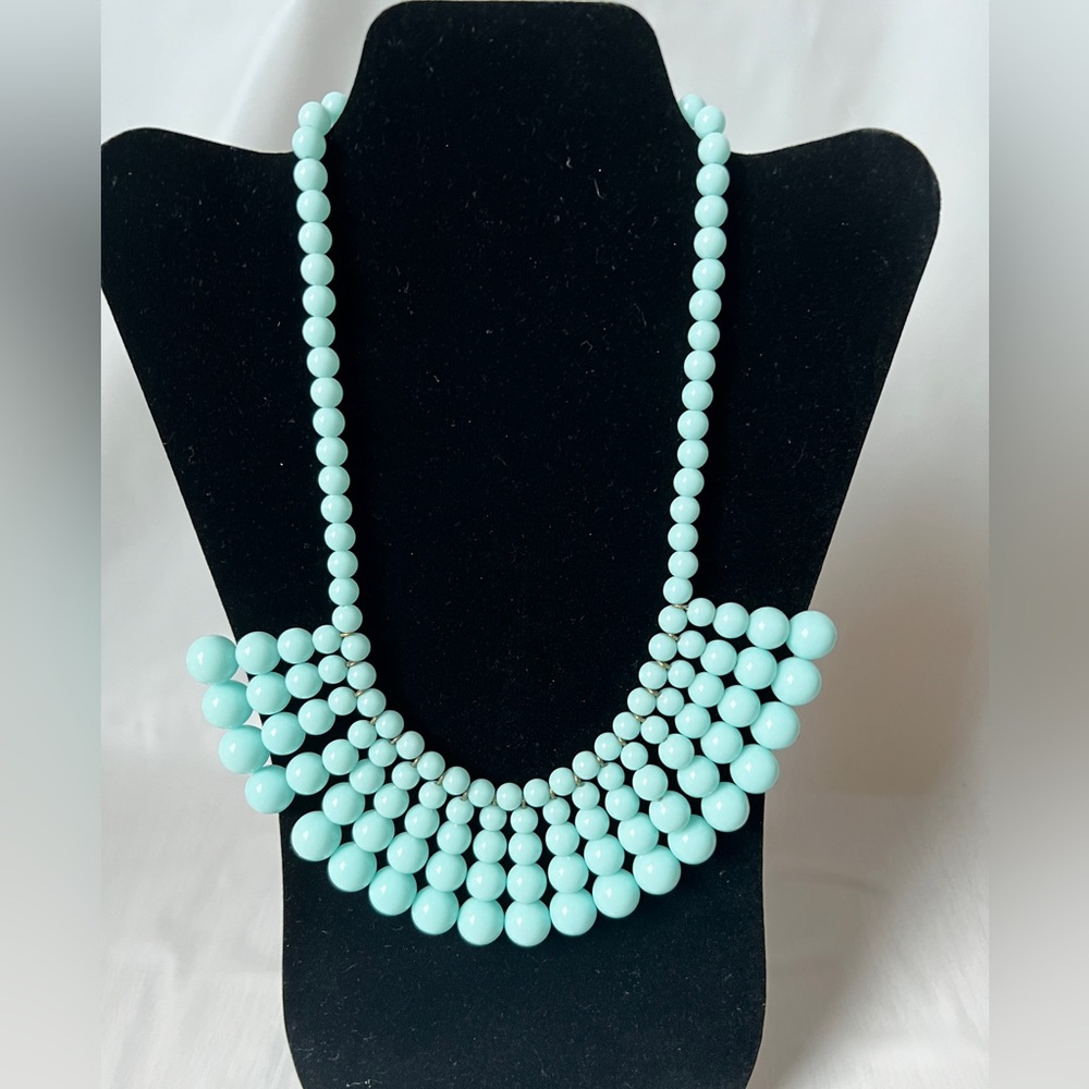 J. Crew Aqua Blue Necklace Beaded Bib statement Graduated Ball Marked nWOT